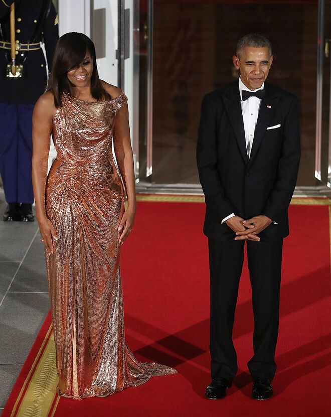 2016, Michelle Obama no seu jantar de gala na Casa Branca enquanto Primeira Dama,numa receção ao primeiro-ministro italiano