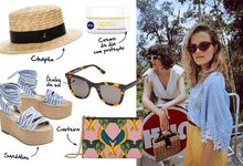 Essenciais de verão: chapéu Bimba y Lola, €29; creme de dia Q10 SFP30 Nivea, €13.99€; sandálias de cunha Zara, €39.95; óculos de sol FORA Amber €128; carteira Furla Maia €110