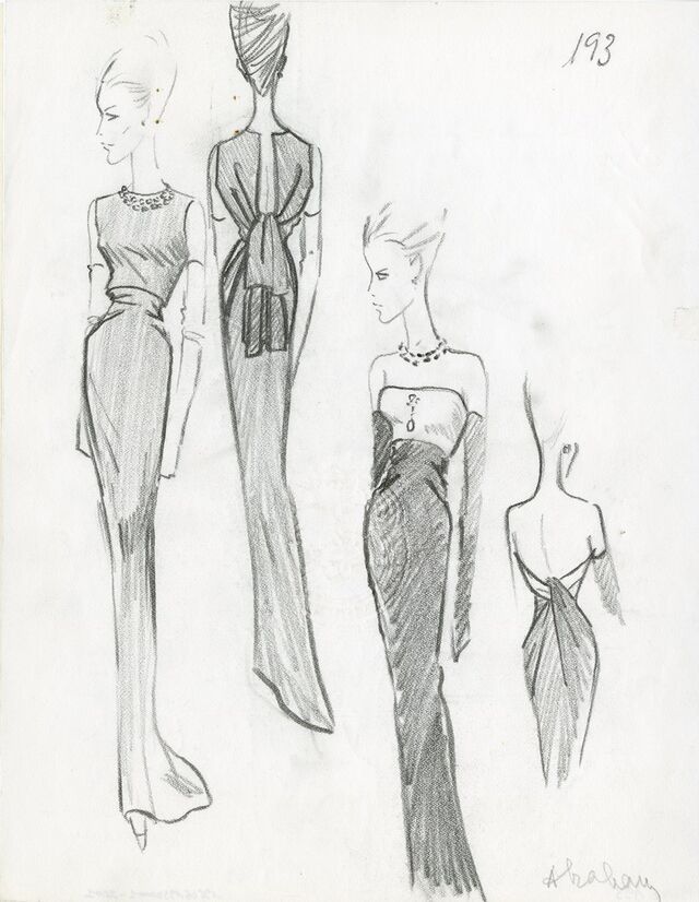 Exposição Balenciaga, l'oeuvre au noir, em Paris. Ilustração de vestido e bolero, 1964