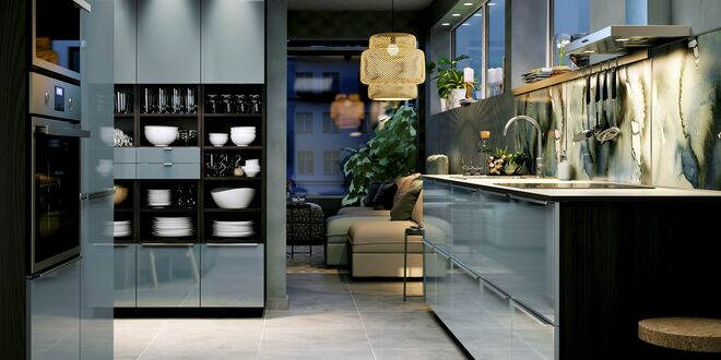 Espaço de cozinha e sala integrados, proposta da Ikea