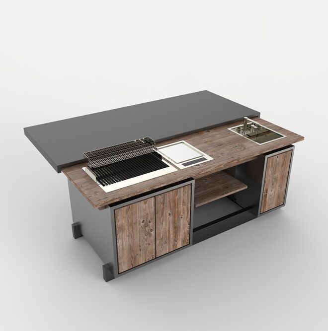 Ilha Essenza, da Laboratorio Mattoni, com tampo deslizante que expõe grill, placa, cuba e torneira