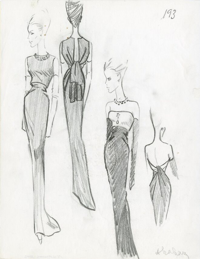 Exposição Balenciaga, l'oeuvre au noir, em Paris. Ilustração de vestido e bolero, 1964