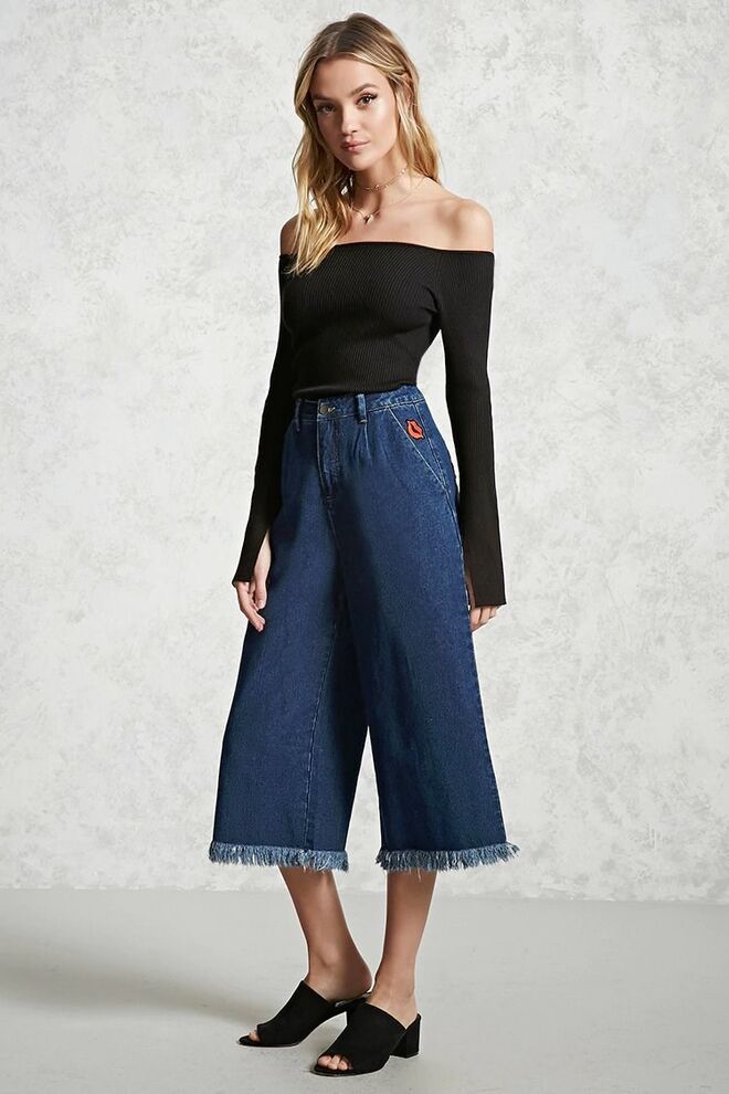 Lip Patch Denim Culottes, €24, Forever 21
