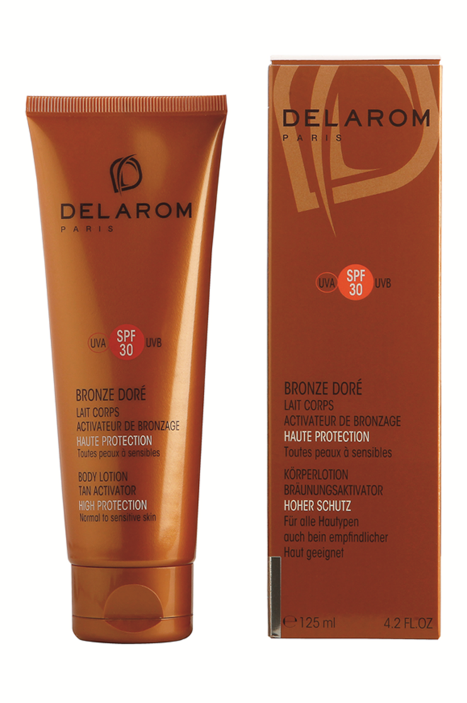 Bronze Doré SPF 30, Leite corporal ativador de bronzeado, €27, Delarom
