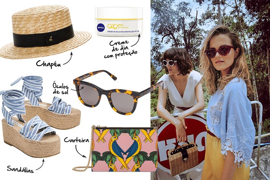 Essenciais de verão: chapéu Bimba y Lola, €29; creme de dia Q10 SFP30 Nivea, €13.99€; sandálias de cunha Zara, €39.95; óculos de sol FORA Amber €128; carteira Furla Maia €110