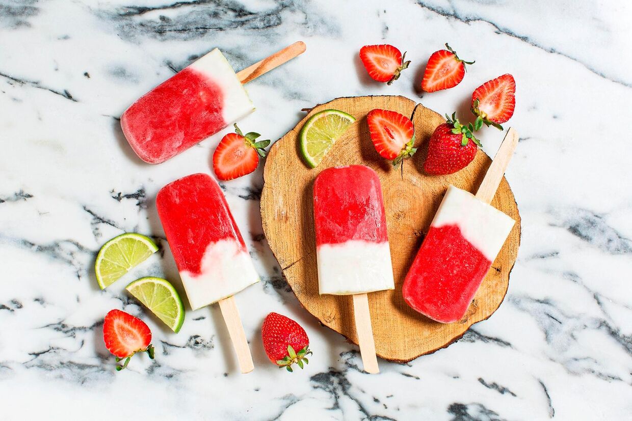 Gelados Sem lactose e sem glúten: Morango, coco e lima