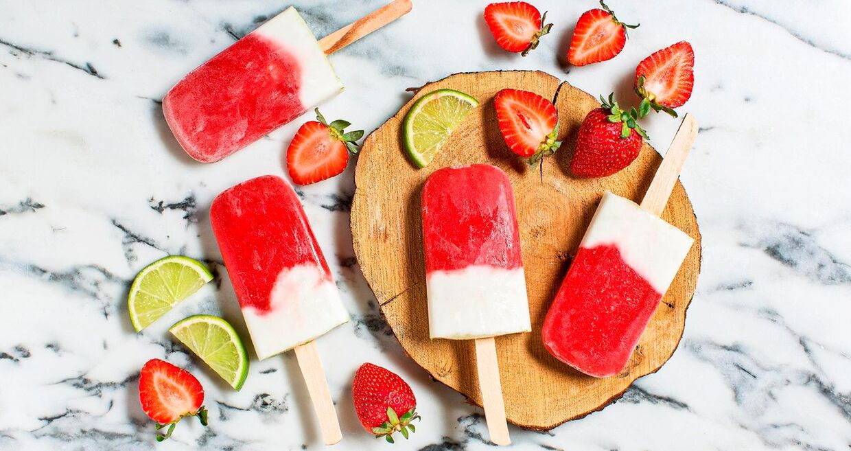 Gelados Sem lactose e sem glúten: Morango, coco e lima
