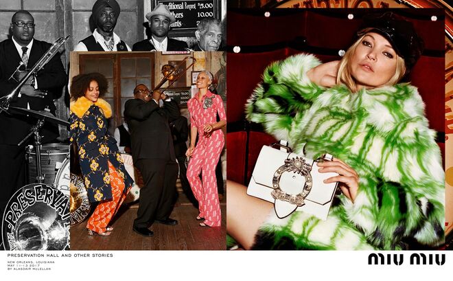 Naomie Harris, Kate Moss, sisters Adwoa and Kesewa Aboah, Jean Campbell, Eliza Cumming e Jasmine Daniels. Miu Miu para outono/inverno 2017-2018 | © Alasdair McLellan