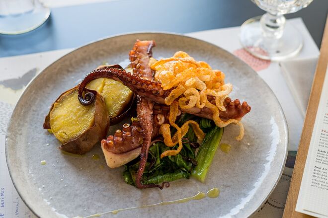 Infame | Paul 2.0, confecionado ao vapor com azeite de alecrim, couve bok choy grelhada, acompanhado por batata-doce assada (€16)