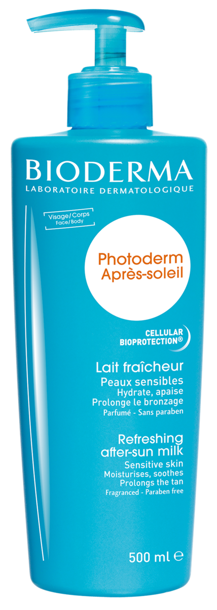 Para toda a família. Lait Fraîcheur peles sensíveis, €21,36, Bioderma. Uma embalagem familiar de 500 ml, livre de parabenos, para acalmar a pele e prolongar o bronzeado.