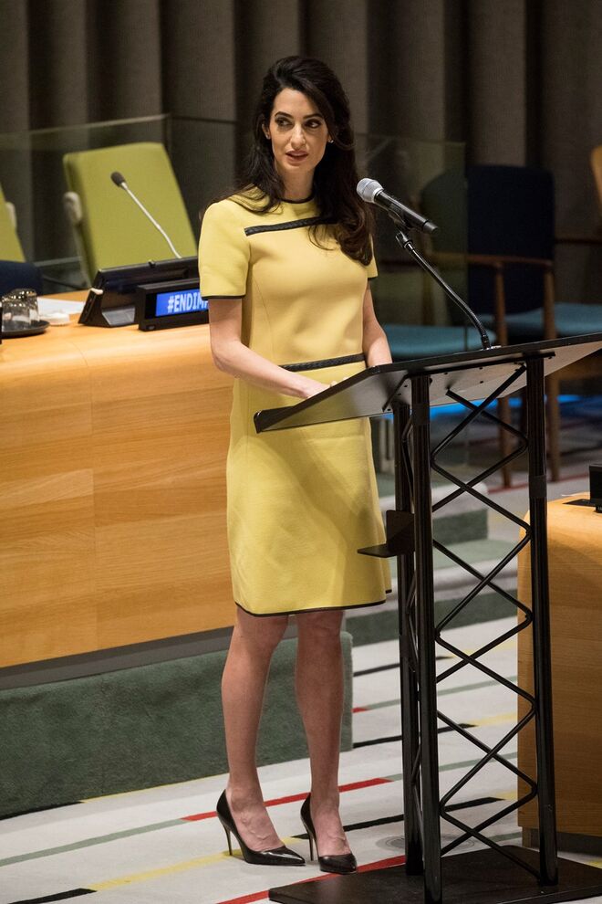 Amal a discursar nas Nações Unidas em março de 2017