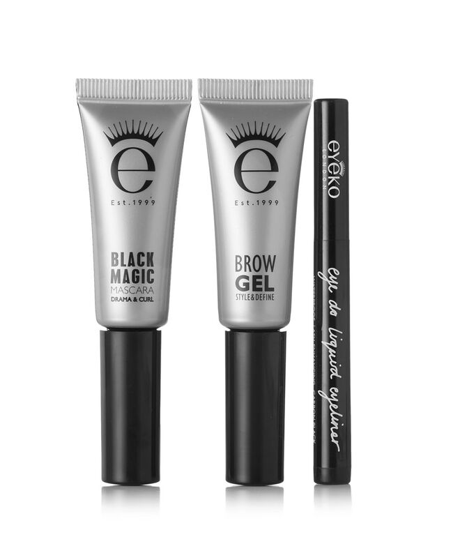 Kit mini-eye wardrobe com gel fixador de sobrancelas, eyeliner e máscara de pestanas, €24, Eyeko em Net-a-Porter.com