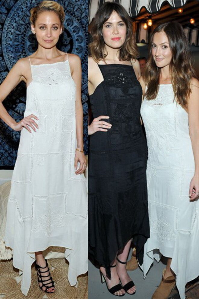 Nicole Richie, Mandy Moore e Minka Kelly vestiram exatamente o mesmo vestido Dôen, durante o lançamento de uma marca