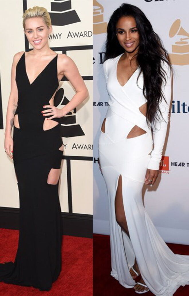 Ciara e Miley Cyrus escolheram o mesmo vestido, embora uma com a versão branca e outra com a preta, durante a cerimónia dos Grammys 2015