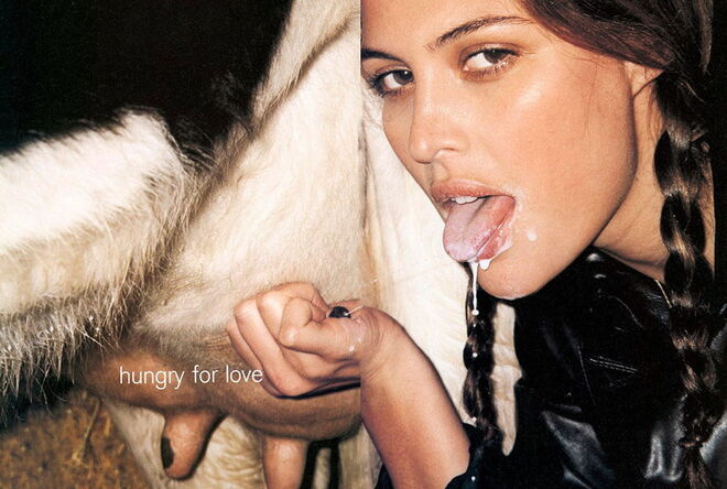 SISLEY, 2001 | Um trabalho de Terry Richardson para a Sisley, esta campanha chamada Farming retrata a americana Josie Maran a beber leite diretamente de uma vaca. O olhar da modelo e a frase “hungry for love” que se lê na fotografia contribuíram para o cariz ofensivo que muitos viram na campanha.
