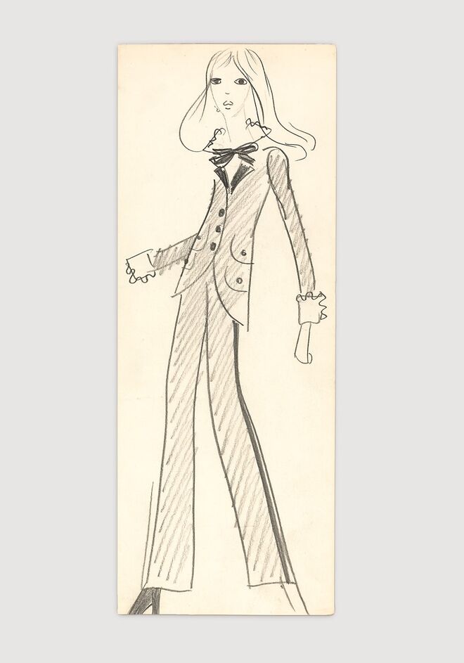 Ilustração original do primeiro smoking, coleção de Alta-Costura outono/inverno 1966. © Fondation Pierre Bergé – Yves Saint Laurent, Paris