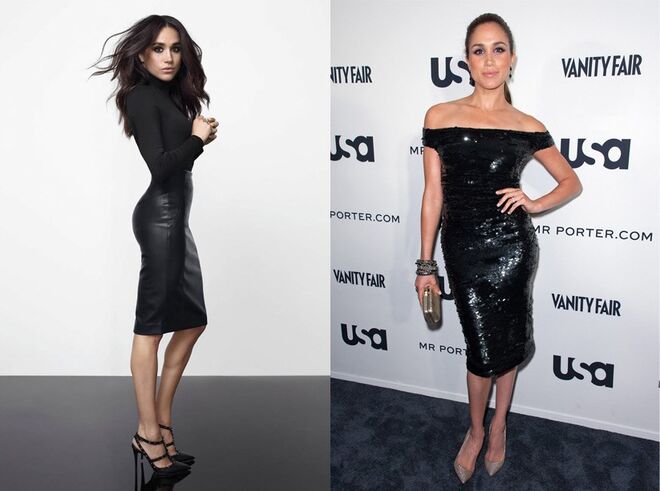 Os vestidos justos têm sido também peças fundamentais no guarda-roupa de Meghan Markle, sendo a imagem de marca na série de televisão que protagoniza. 