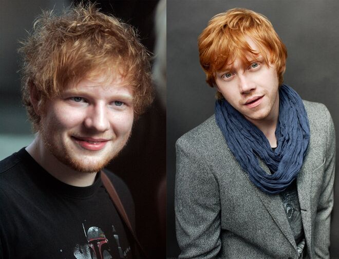 ED SHEERAN E RUPPERT GRINT | O ator que interpretou Ron em Harry Potter foi o protagonista do videoclip da música Lego House de Ed Sheeran precisamente porque as pessoas confundem os dois com tanta frequência. Grint já está tão habituado a que o confundam com o cantor que acaba por aceitar os elogios dirigidos a Sheeran pela sua carreira na música.