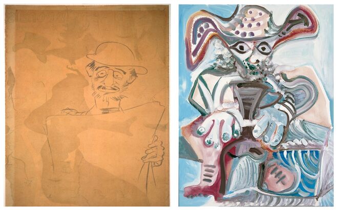 À esquerda: Autorretrato, 1893, Henri de Toulouse-Lautrec - Colección Fundación Pierre Giannada, Martigny. À direita: Hombre sentado con sombrero, 1972, Pablo Picasso - Museum Frieder Burda, Baden-Baden. Exposição Picasso/Lautrec, no Museu Thyssen-Bornemisza, em Madrid.