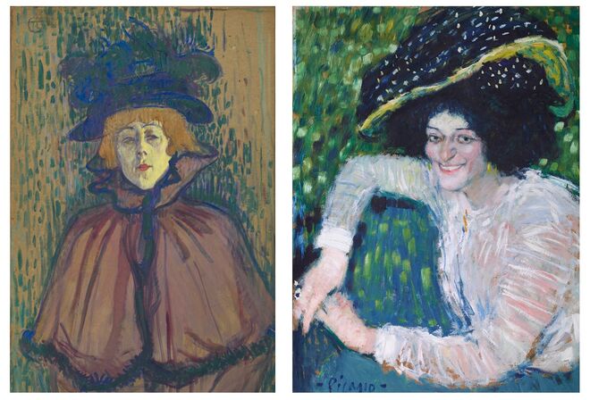 À esquerda: Jane Avril, c. 1891-1892, Henri de Toulouse-Lautrec - Sterling and Francine Clark Art Institute, Williamstown, Massachusetts. À direita: Busto de mujer sonriente, 1901, Pablo Picasso - Museo Nacional Centro de Arte Reina Sofia, Madrid. Exposição Picasso/Lautrec, no Museu Thyssen-Bornemisza, em Madrid.