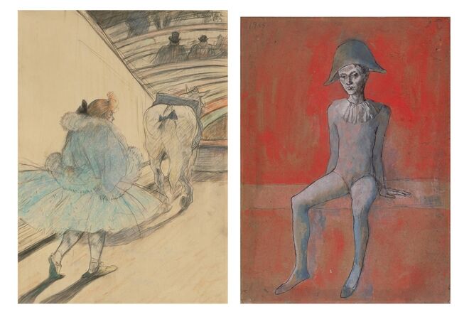 À esquerda: En el circo: entrada en la pista, 1899, Henri de Toulouse-Lautrec - The J. Paul Getty Museum, Los Angeles. À direita: Arlequin sentado, Paris, 1905, Pablo Picasso - Staatliche Museen zu Berlin, Nationalgalerie, Museum Berggruen. Exposição Picasso/Lautrec, no Museu Thyssen-Bornemisza, em Madrid.