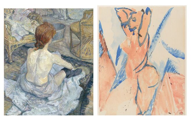 À esquerda: Pelirroja (La toilette), 1889, Henri de Toulouse-Lautrec - Musée d'Orsay, Paris. À direita: Estudio para "Les Demoiselles d'Avignon": desnudo de perfil con brazos levantados, Maio-Junho, 1907, Pablo Picasso - Musée National Picasso, Paris. Exposição Picasso/Lautrec, no Museu Thyssen-Bornemisza, em Madrid.