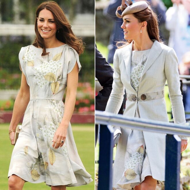 Este vestido de verão estampado foi usado em duas ocasiões ao ar livre. 