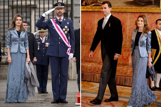 A rainha Letizia também repetiu este conjunto de saia e casaco em duas cerimónias oficiais em que acompanhou o marido, Filipe VI de Espanha. 