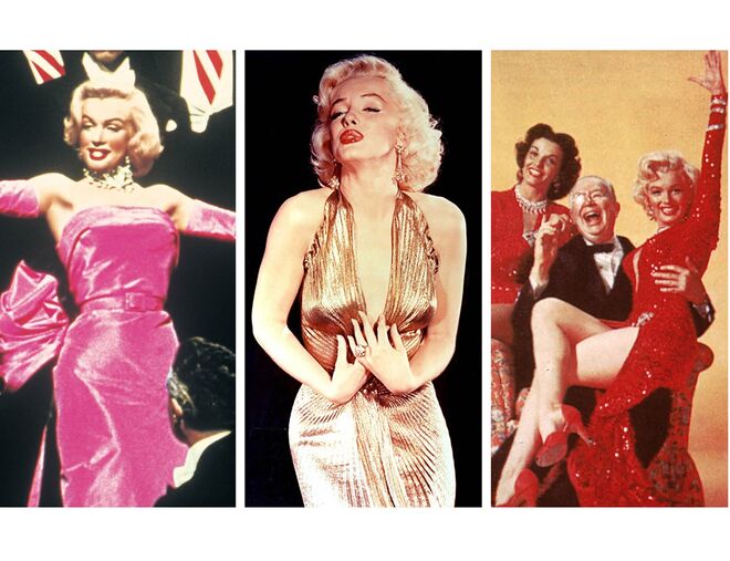 Os Homens Preferem as Loiras (1953) | Há, pelo menos, três vestidos que neste filme entraram para a história do cinema, a par da própria Marilyn Monroe. O vermelho da atuação da dupla de Marilyn e Jane Russell, o rosa usado na cena em que Marilyn canta Diamonds are a Girl’s Best Friend e o dourado usado na promoção do filme.