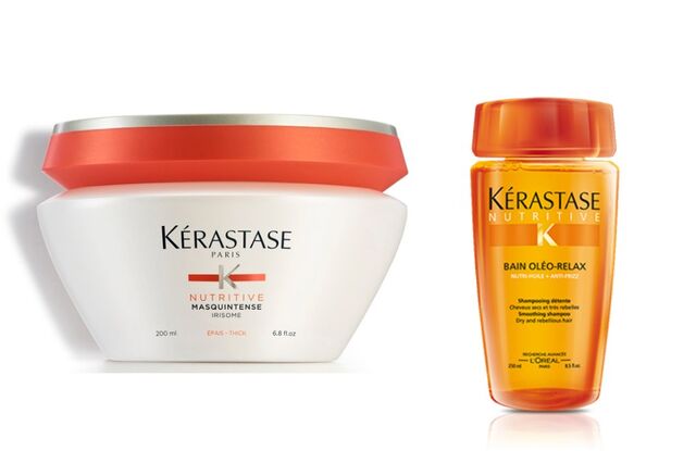 Máscara capilar Masquintense, 200 ml, €33,95, e Champô Bain Oléo-Relax, 250 ml, €21,95, Kérastase. 