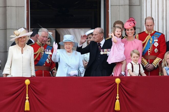 A família real na cerimónia Trooping the Colour (a festa que celebra o aniversário oficial da rainha), em 2017.