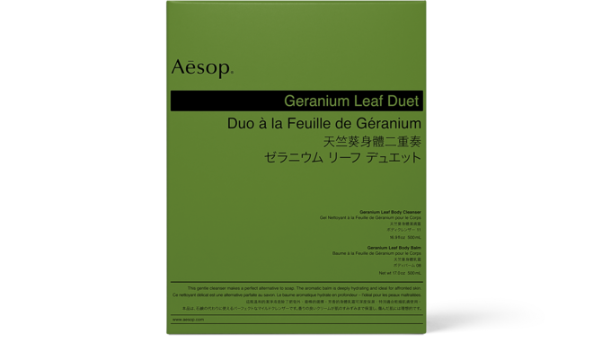 Geranium Leaf Duet: Body Cleanser and Body Balm, 500 ml, €100, Aesop