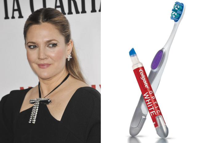 DREW BARRYMORE | A atriz adora Ice Tea, mas sabe que o chá tem tendência a manchar os dentes. Para o evitar, Barrymore tem um truque do supermercado: a escova de dentes Colgate Optic White, que vem com uma caneta branqueadora (€9).