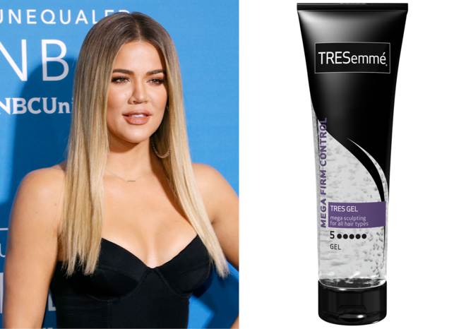 KHLOÉ KARDASHIAN | Quando Khloé quer o cabelo ondulado, o seu cabeleireiro Justine Marjan usa o TRESemmé Mega Hold Sculpting Gel (€4,90) para o efeito. Como highlighters, usa os Vivid Baked, da Makeup Revolution (€3,50).