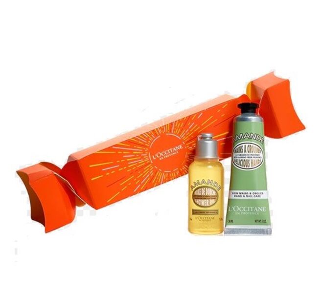 Cracker de Natal Amêndoa: Óleo de duche Amêndoa (35 ml) + Creme de mãos Amêndoa (30 ml), €10, L’Occitane
