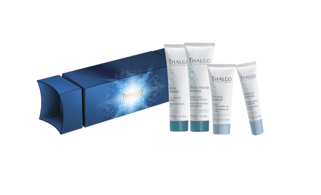 Coffret Crackers (Gel Cr Hydra lumiere 15 ml + Serum Lumiere Hydratant 15 ml + Cr Corpo Haut Nutrition 30 ml + Gel Douche Marin 30 ml), €39, Thalgo