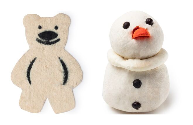 Tudo a nu: O lema da Lush este Natal é colocar tudo a nu. Defensores de uma abordagem minimalista nas embalagens, nesta época de festas, 80% da gama de Natal estará totalmente despida de cartonagens. Seguindo o modelo que poupou 1.572 kg de embalagens de irem para o lixo entre maio de 2014 a junho de 2015, a Lush reformulou alguns produtos com ingredientes que se mantêm sólidos à temperatura ambiente para conseguir evitar o uso de embalagens. Incluindo sempre o máximo de ingredientes frescos e procurando eliminar os conservantes sintéticos dos mesmos, a Lush consegue assim diminuir os custos de produção de cada produto e, simultaneamente, ajudar o planeta. The Snowman Bubbleroon, €5,50, e Butterbear Papel Sabonete, €2,50, Lush.