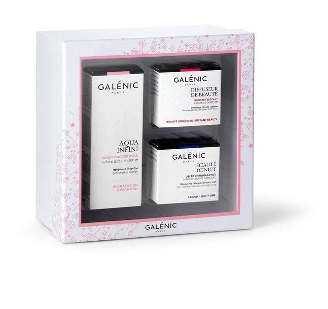 Coffret de Natal Aqua Infini: Aqua Infini Soro (30 ml), Diffuseur de Beauté (15 ml) e Beauté de Nuit (15 ml), €47,60, Galénic