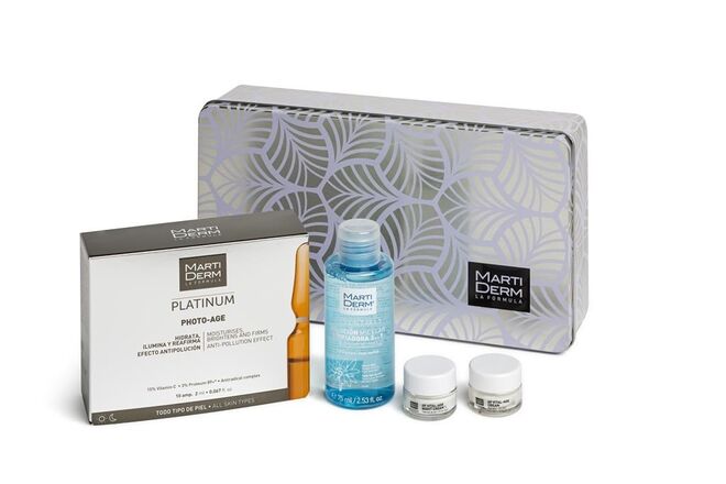 Platinum Box: água micelar Essentials (75 ml), creme de dia e de noite GF Vital-Age (5 ml cada) e dez ampolas Photo-Age da linha Platinum, €31,58, Martiderm