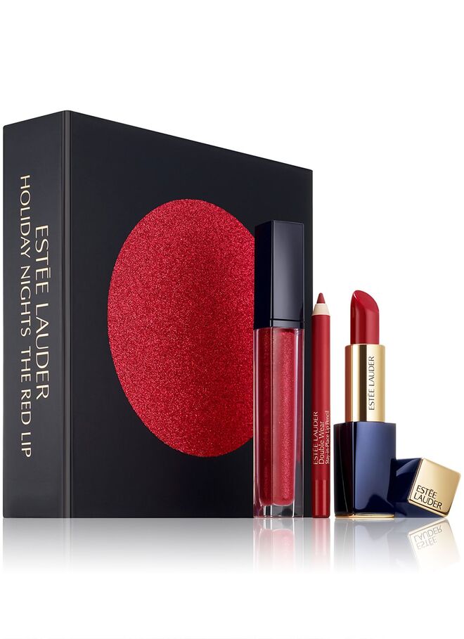 Holiday Nights The Red Lip, estojo de maquilhagem: Pure Color Envy Lipstick, Pure Color Envy Gloss e Double Wear Pencil, €43, Estée Lauder