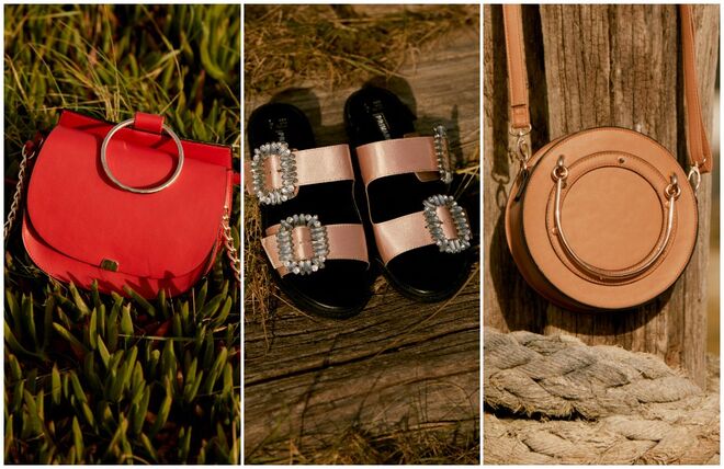 Os acessórios são compostos por saltos médios e as malas em formato de cesta. – Mala vermelha (€8), sapatos (€10) e mala castanha (€10), tudo Primark.