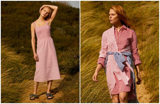 Na tendência mais náutica, Castaway, combinam-se amarelos brilhantes com caqui e denim em azul-marinho. As tradicionais riscas surgem num formato ondulado ou mesmo transparentes. – Vestido com alças (€16), vestido vermelho (€16), vestido em lateral vermelho (€13) e vestido azul (€16), tudo Primark.