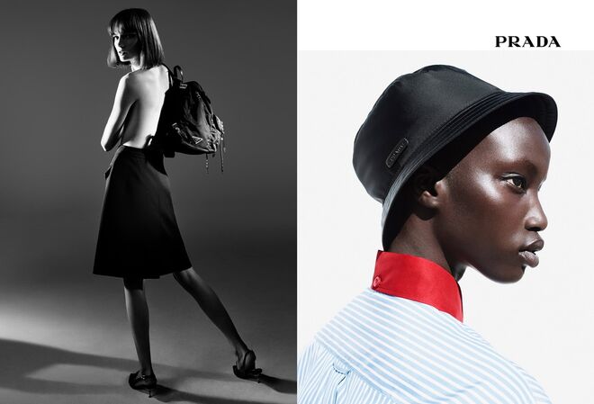 Gisèle Fox, Kris Grikaite, Imari Karanja, Line Kjaergaard, Fran Summers, Anok Tai e Alyssa Traore. Prada para primavera/verão 2018