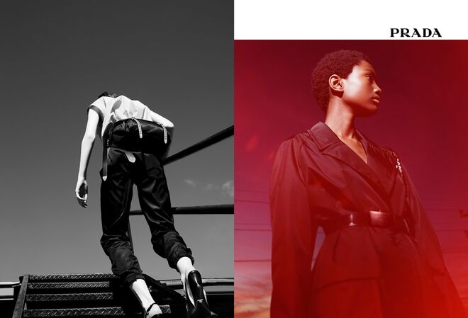 Gisèle Fox, Kris Grikaite, Imari Karanja, Line Kjaergaard, Fran Summers, Anok Tai e Alyssa Traore. Prada para primavera/verão 2018