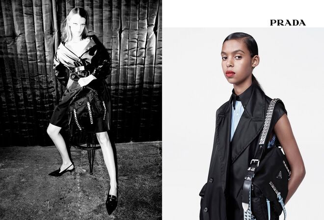 Gisèle Fox, Kris Grikaite, Imari Karanja, Line Kjaergaard, Fran Summers, Anok Tai e Alyssa Traore. Prada para primavera/verão 2018