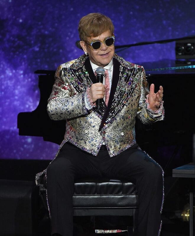 Elton John no anúncio da tournée em Gotham Hall, Nova Iorque