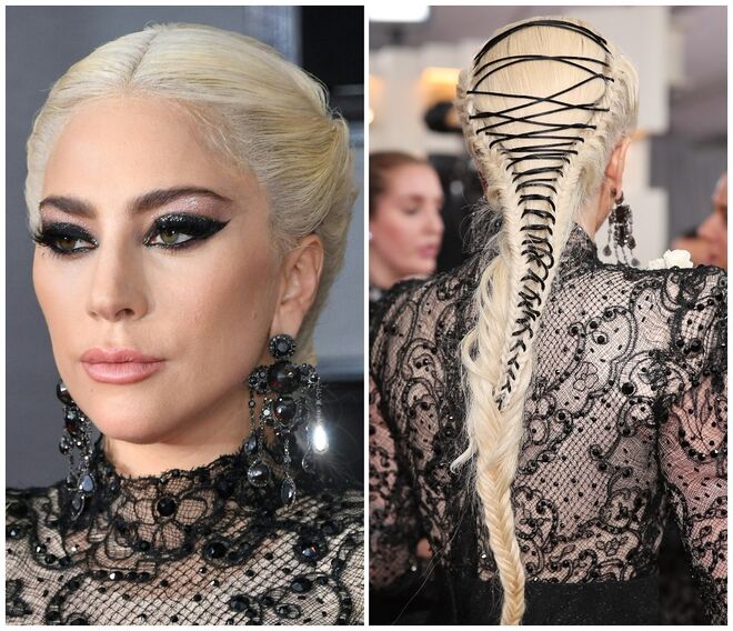 Lady Gaga | O hairstylist Frederic Aspiras criou duas tranças tipo escama de peixe e cruzou um fio preto entre elas para criar um efeito parecido com um espartilho. A maquilhadora Sarah Nicole Tanno disse que a inspiração para o make-up dos olhos veio de uma “noite escura e estrelada”. Nos lábios, aplicou o trio Cream and Sugar Nude Lip da Marc Jacobs Beauty.