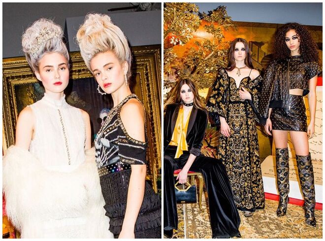 alice + olivia by Stacey Bendet (13/02/2018): A apresentação da coleção contou com dois looks. Um inspirado em Maria Antonieta, com os cabelos altos, pele pálida, lábios coloridos e sombra de olhos em tom alaranjado. Já o outro tinha cabelos ao natural e o enfoque nos olhos, pintados em preto.