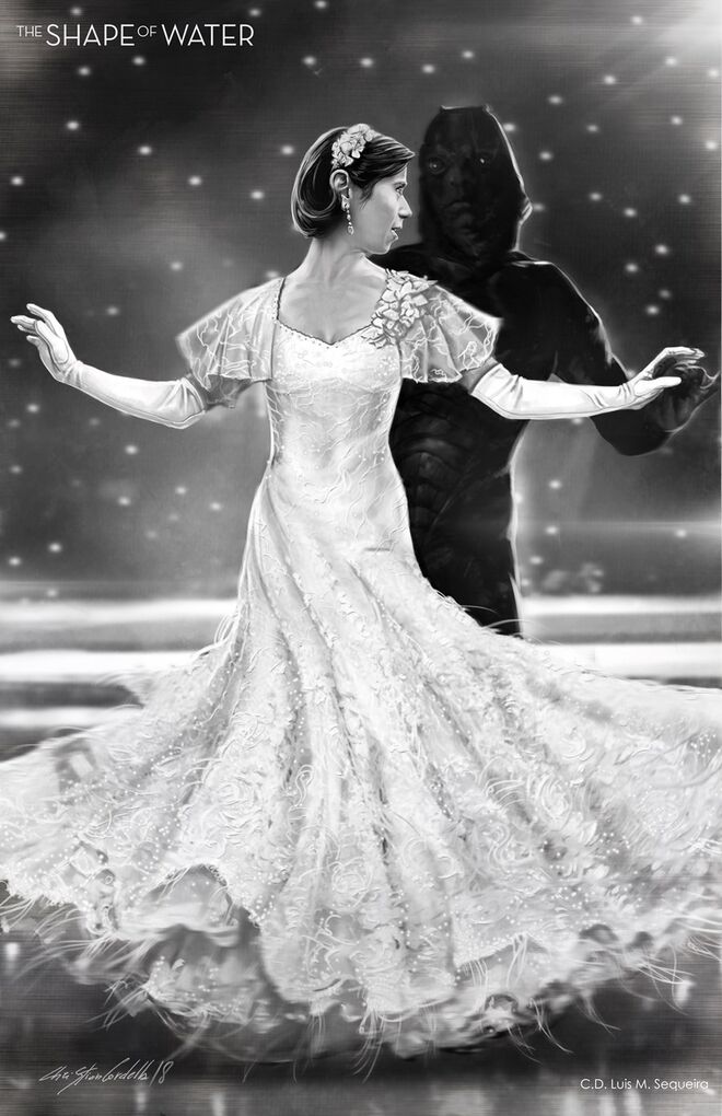 A Forma da Água, de Guillermo del Toro, com figurinos de Luis Sequeira. Ilustração de Christian Cordella