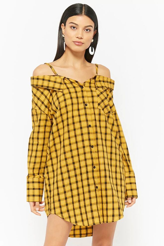 Plaid Open-Shoulder Shirt Dress, €36, Forever 21